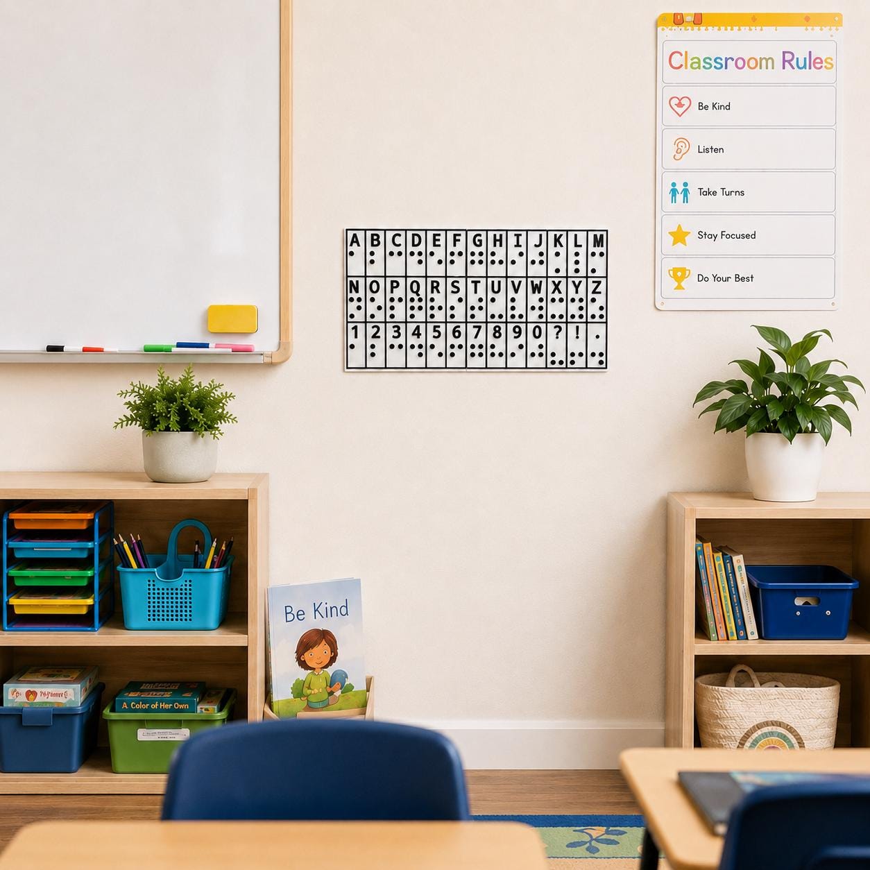 The Braille alphabet wall chart hanging in a classroom between a whiteboard and a Classroom Rules poster.