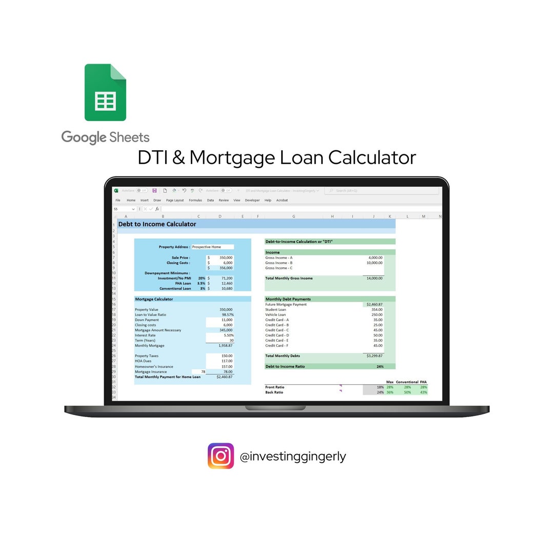 DTI and Mortgage Loan Calculator Google Sheets Calculator, Home Loans DTI and Mortgage Loan Calculator Google Sheets Calculator, Home Loans
