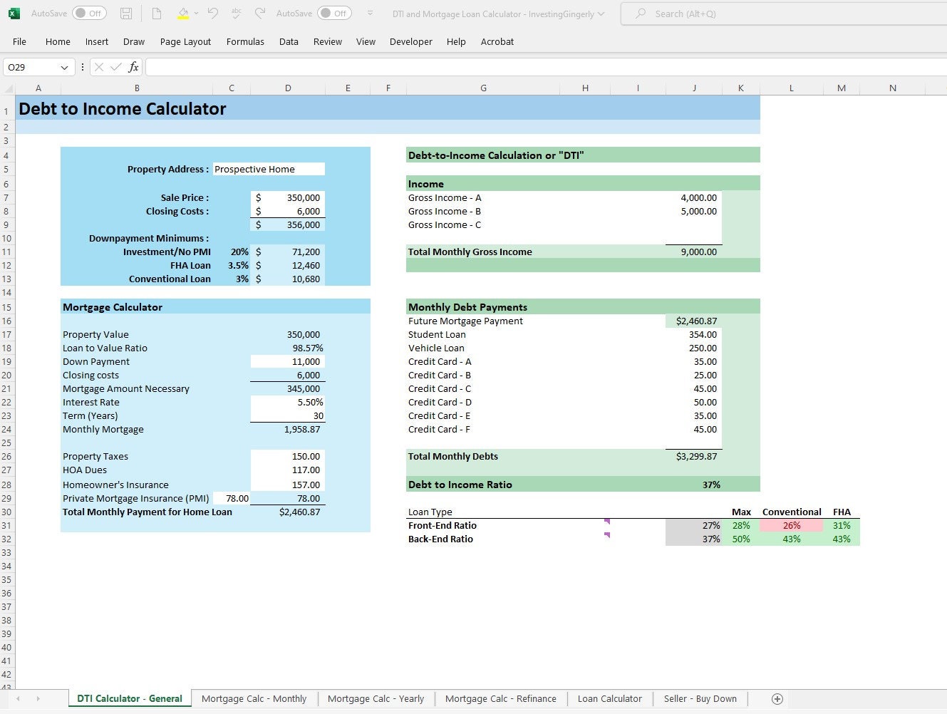 DTI & Mortgage Loan Calculator Excel 365 Calculator, Home Loans