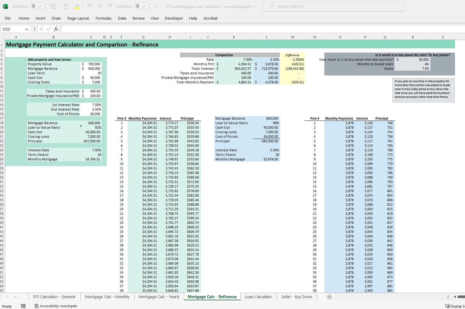 DTI & Mortgage Loan Calculator Excel 365 Calculator, Home Loans
