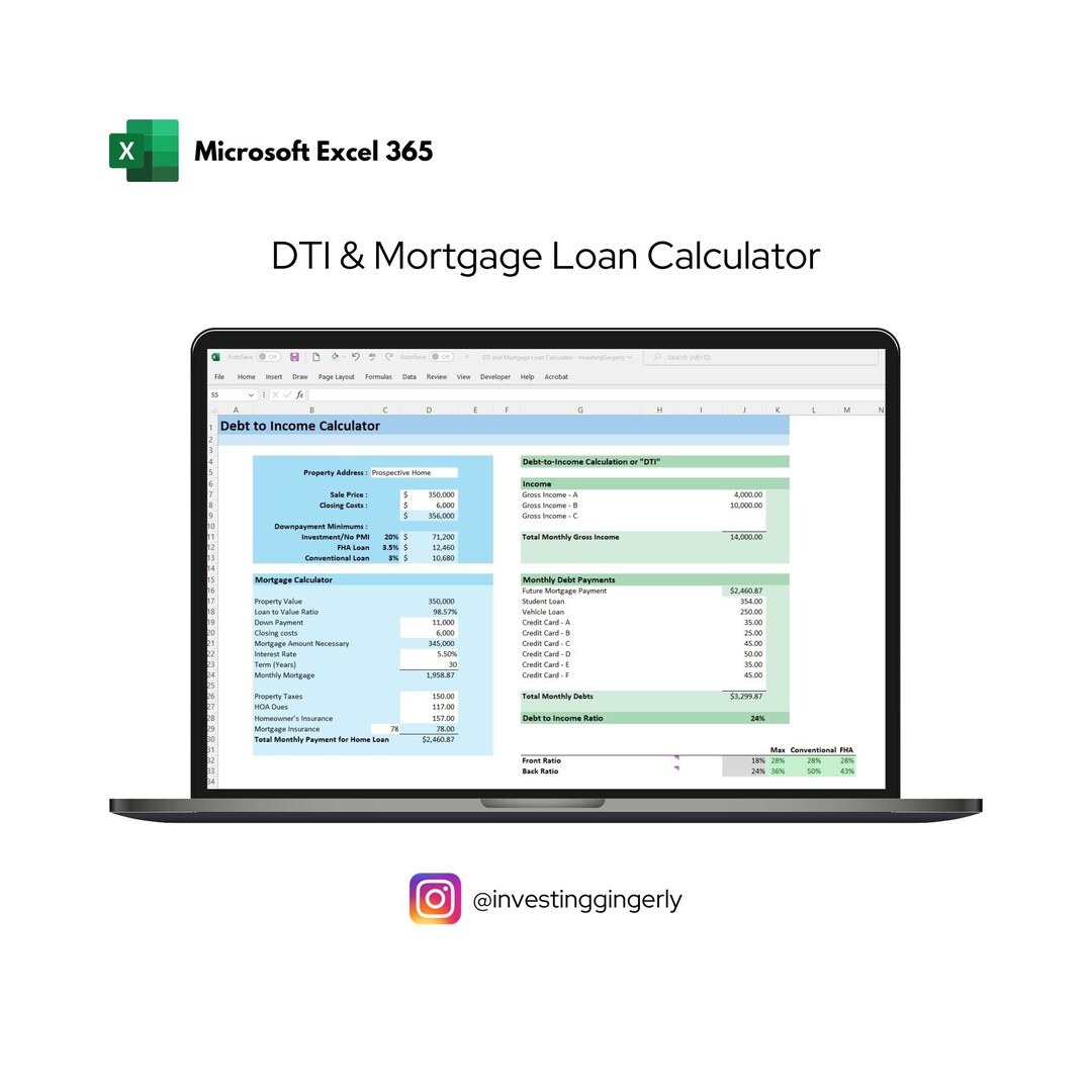 DTI & Mortgage Loan Calculator Excel 365 Calculator, Home Loans