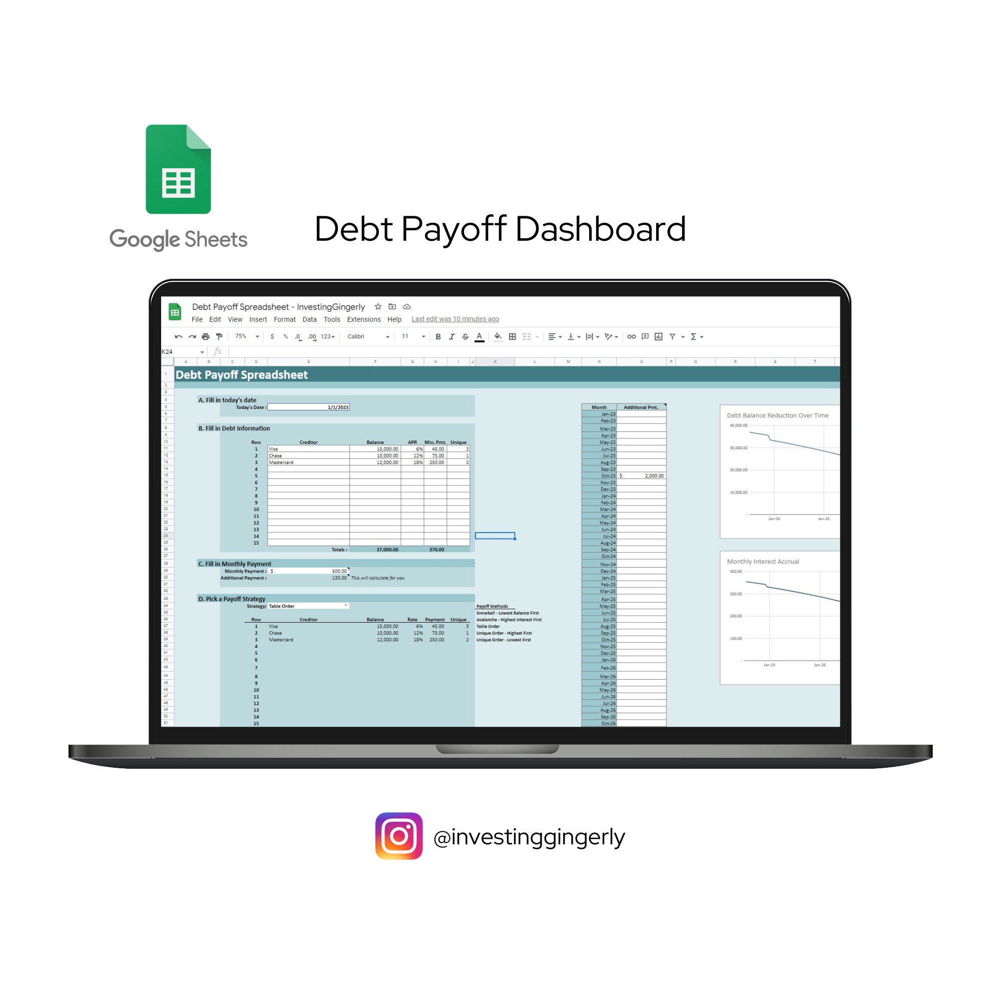Debt Payoff Dashboard Google Sheets Personal Finance Digital