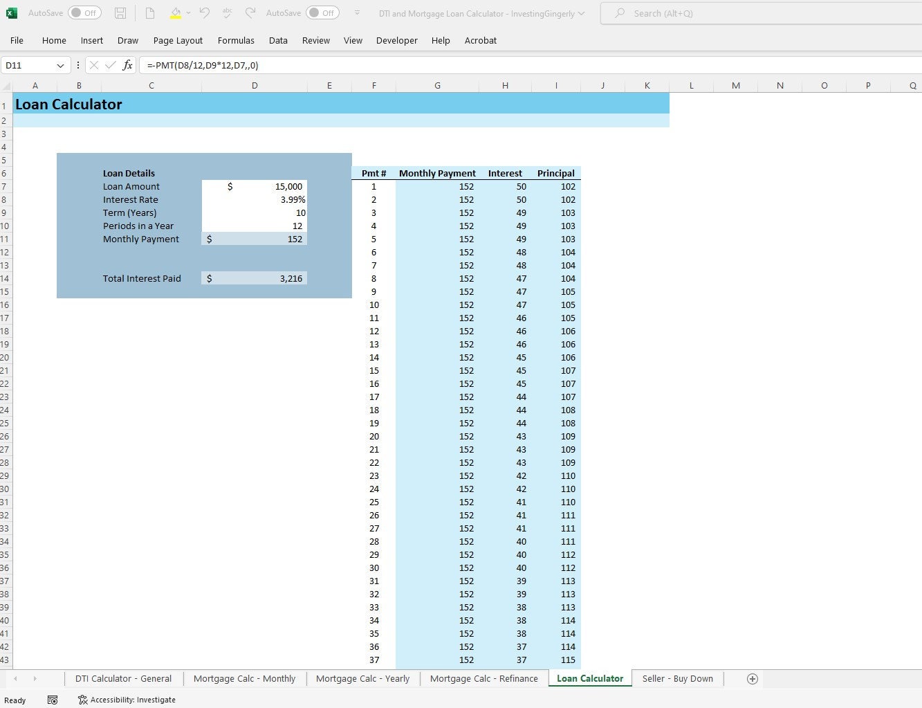 DTI & Mortgage Loan Calculator Excel 365 Calculator, Home Loans