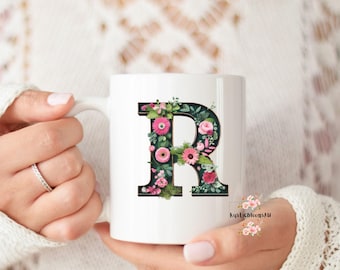 Taza de cerámica floral con la letra R: regalo inicial personalizado