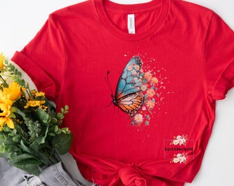 Butterfly Floral T-Shirt: Colorful Vintage Stamp Style