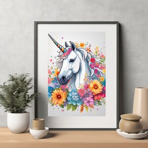 Hermosa impresión de arte de pared de unicornio, impresión de unicornio colorido, impresión de arte de caballo blanco, impresión de arte de pared de flores, el mejor regalo artístico para niñas.