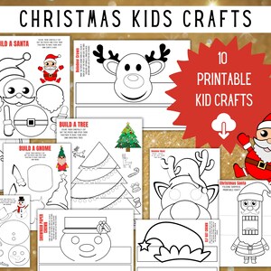 May include: A set of 10 printable Christmas crafts for kids. The crafts include a Santa, a snowman, a gnome, a reindeer, a Christmas tree, and an elf hat. The crafts are black and white and can be coloured in by children.