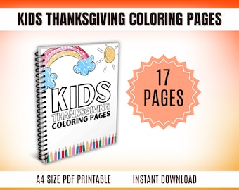 Könnte beinhalten: Ein spiralgebundenes Buch mit einem weißen Einband, auf dem ein Regenbogen, eine Sonne und Wolken abgebildet sind. Der Titel lautet "Kids Thanksgiving Coloring Pages" und das Buch hat 17 Seiten. Das Buch ist im A4-Format und druckbar.