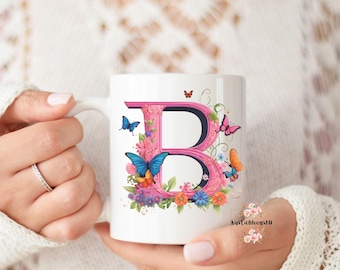 Letter B Floral Ceramic Mug: Personalized Coffee Mug