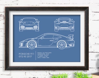 Porsche 911 GT2 RS Sports Car Blueprint SVG Graphic Wall Art, Poster Print (Download)