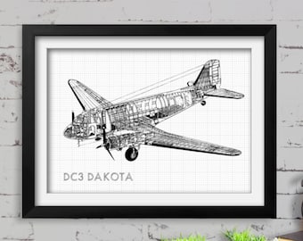 Douglas DC3 Dakota / C47 Skytrain Aircraft Technical Style SVG Graphic Wall Art, Print (Digital Download)
