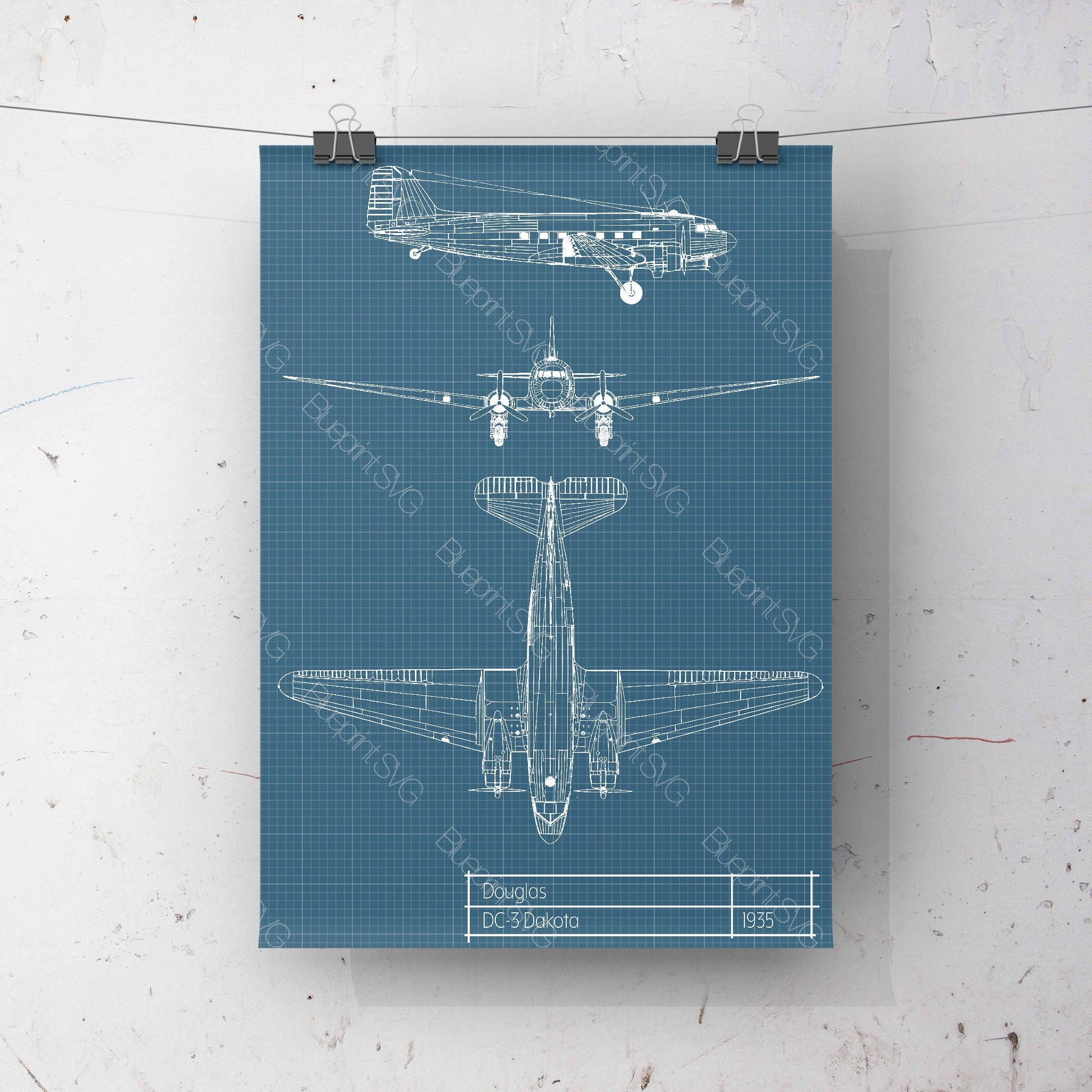 Douglas DC-3 Dakota WW2 Aircraft Blueprint SVG Graphic Print