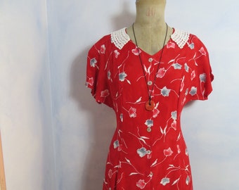 Français robe florale Taille S robe bouton bleu rouge fleurs preppy midi robe taille haute robe d’été légère viscose années 80
