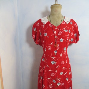 French floral dress size S button dress blue red flowers preppy midi dress high waist light summer dress viscose 80s