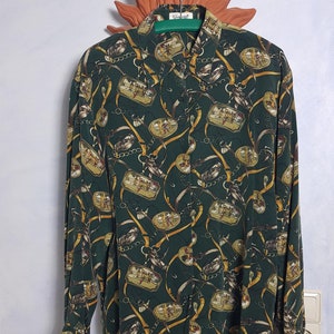 Vintage silk blouse oversize golf motif print large collar womana size L 100% silk shirt long sleeve silk shirt 80s 90s