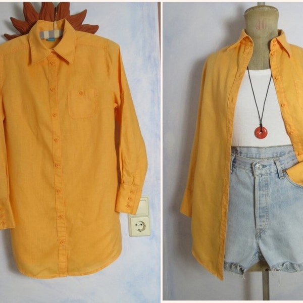 Dotter Gelb Leinenbluse womans size M Tunika Overshirt hohe große Kragen Hemdkleid Knopfhemd 100% Leinen 80s 90s Coolwater Deutschland