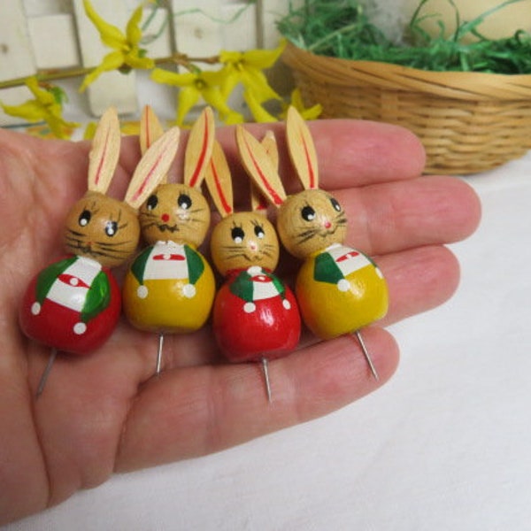 4 small old hand-painted wooden bunnies plugs, wooden bunnies plug, Easter bunny pin needle, Easter decorations old times, vintage Easter decoration