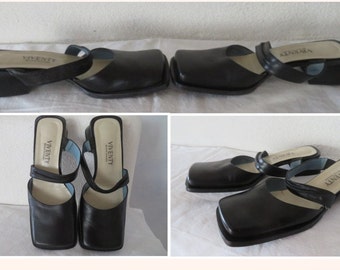 Square leather Mules Size EU 38/US 7,5/UK 5,5, block heel Black Viventy Bernd Berger Strappy mules to slip in 70s shoes