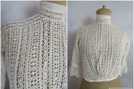 French Antique Short Blouse Size S Eyelets Cotton… - image 1