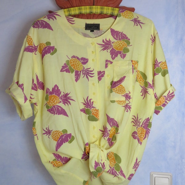 Vintage Gelbe Ananas Bluse womens Size L ohne Kragen Rundhals Rayon Sommer Hemd oversize, Hawaii Frucht Print 80er 90er Jahre