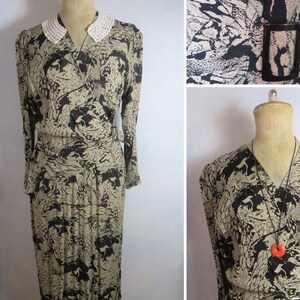 Old/New 70s does 40s Crazy Pattern Dress size M/L draped high waist long sleeve wrap dress Made in West Germany 100% Viscose