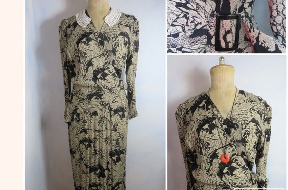 Unworn 70s does 40s viscose Art Deco print dress … - image 1