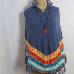 Hand knitted Lapis Blue 100% Alpaca Peru PONCHO onesize alpaca/stars/Aztec pattern soft warm orange/red stole sweater onesize unisex