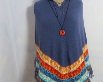 Ręcznie robiony na drutach Lapis Blue 100% Alpaca Peru PONCHO onesize alpaka/gwiazdki/wzór aztecki miękki ciepły pomarańczowy/czerwony sweter ze stułą onesize unisex