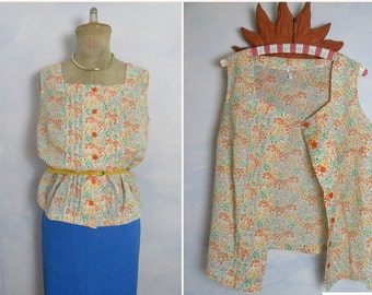 Vintage VEB Pirnetta DDR Blouse Floral Pleated Millefleur Camisole Size L/Meter 94 Green Orange Floral Print Sleeveless Shirt Top Top 60s