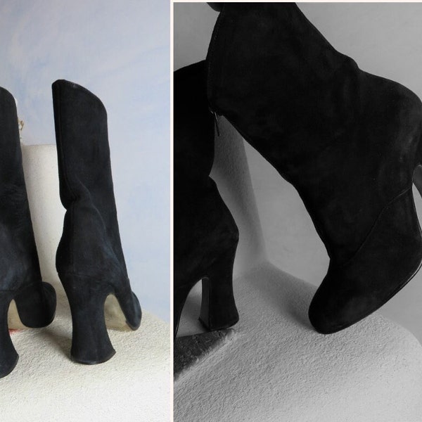 Vintage Charles JOURDAN Suede Boots Zipper Black Stylish Heels 80s Us 5,5 - 36 Eu - 3,5 Uk Block Curved Heels Sexy Witch Gothic Stylish Heel