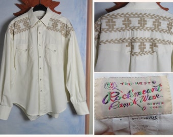 Vintage Western Shirt Rockmount Ranchwear Size L Embroidered Biscuit-on-Ivory Solid Denim Pearl Snap Front Shirt Cotton Gabardine Twill 80s 90s