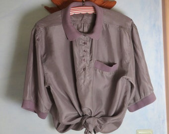 Vintage Womens Size XL 100% Silk Polo Shirt Mauve Poloshirt 80s 90s Seidenhemd Polohemd