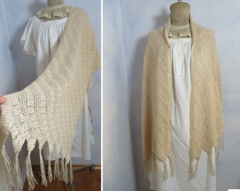 Stole Handmade Fringe Scarf Beige Linen Soft Diagonal Knitted Cloth Hippie Style Lace Pattern Crochet Lace Wrap Cape Hippie Bride
