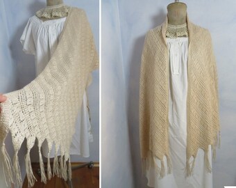 Stola handgemachte Fransen Schal Beige Leinen weich Diagonal gestrickt Tuch Hippie Stil Lace Muster Häkelspitze Wickel Cape Hippie Braut