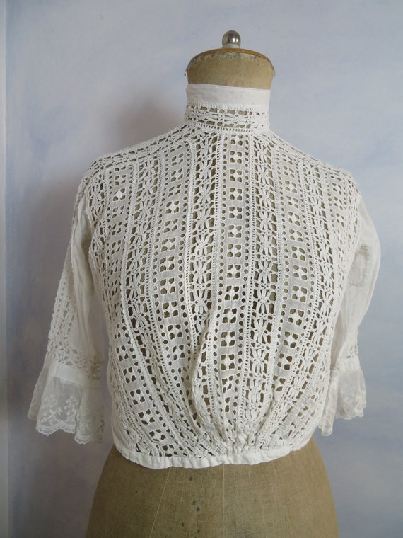 French Antique Short Blouse Size S Eyelets Cotton… - image 2