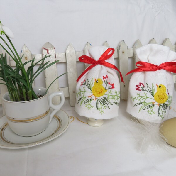 Pair of egg cosies set of 2 white embroidered yellow chick country house Easter table decoration 90s vintage