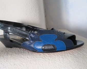 Old/New BALLY Blue Flower Sandals UK 4/US 6/EU 37 open toe back open Italian leather shoes small wedge fine summer shoes