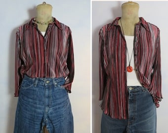 Vintage 80s Ribbed Striped Shirt Blouse Mesh Pleated Stripes Scalloped Hem Blouse Red Black Gray Striped Sheen Blouse 80s
