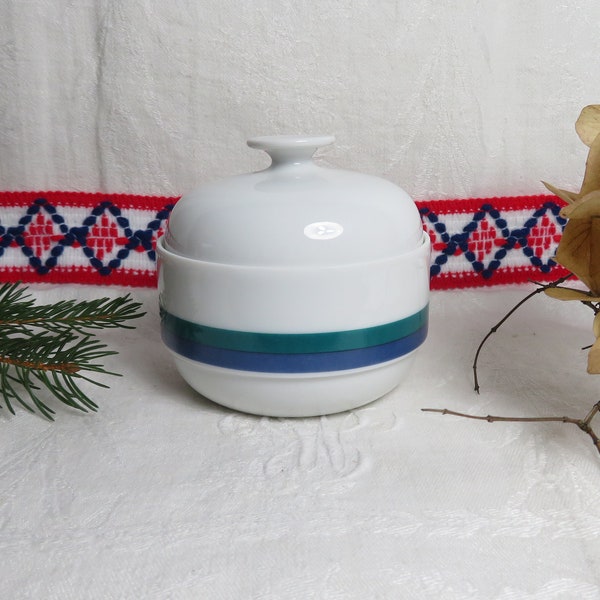 Rosenthal Duo Rustic Sugar Bowl White Green Purple Striped 60s Lid Can Mid Century Germany Decor Porcelain Jam Can Kitchen