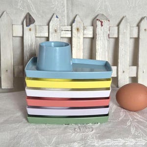 6x Egg cups, plastic, colorful, Space Age Pop Art design, 50s, 60s, 70s cult egg cup, 1970s