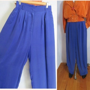 HOPSACK silk trousers high waist wide pleated trousers 100% silk size M violet blue ankle length wide lined trousers silk 1980s