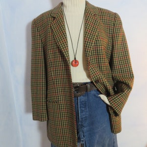 Vintage 100% wool blazer womans size L houndstooth long jacket Dinomoda earthy color brown green red pure wool jacket wide shoulders 90s