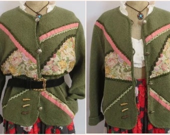 Austria Bavarian Wool Jacket boiled Size XL Wool Jacket Folk Cardigan Pfister Patchwork Flowers 100% Wool Walk Coat 80s 90s