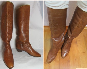 Cognac braune Pferdekopf 100% Lederstiefel EU 39,5/US 8,5/UK 6,5 geprägte Pferdekopf kleiner Absatz Reiterstiefel Vintage 70er 80er