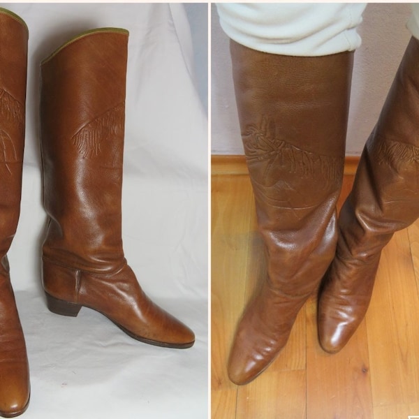 Cognac braune Pferdekopf 100% Lederstiefel EU 39,5/US 8,5/UK 6,5 geprägte Pferdekopf kleiner Absatz Reiterstiefel Vintage 70er 80er