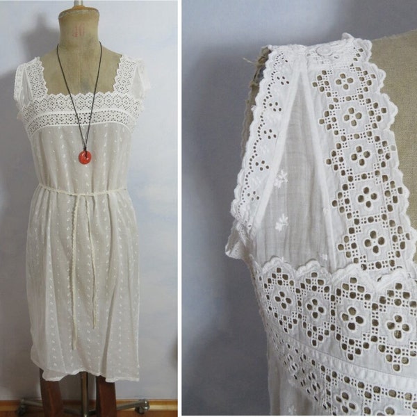 Antique French delicate voile dress eyelets floral embroidered Size S/meter Edwardian white cotton undershirt underdress nightgown 1910s