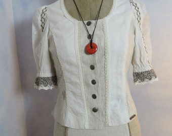 Vintage Costume Bodice Size S Blouse Cream Natural Linen Puff Sleeves Lace Costume Blouse Bavarian Spieth and Wensky