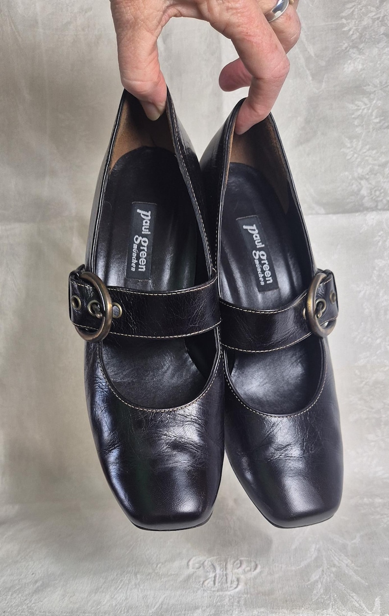 Vintage Paul Green straight toe Mary Jane shoes, brown leather, EU 39.5/US 8.5/UK 6.5, heel, large buckle, handmade leather shoes image 4