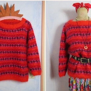 Vintage hand knitted "Schewe" Mohair Sweater Size M Fair Isle Orange Pink Purple Soft Warm Hairy Long Sweater Masterpiece 80s Vintage