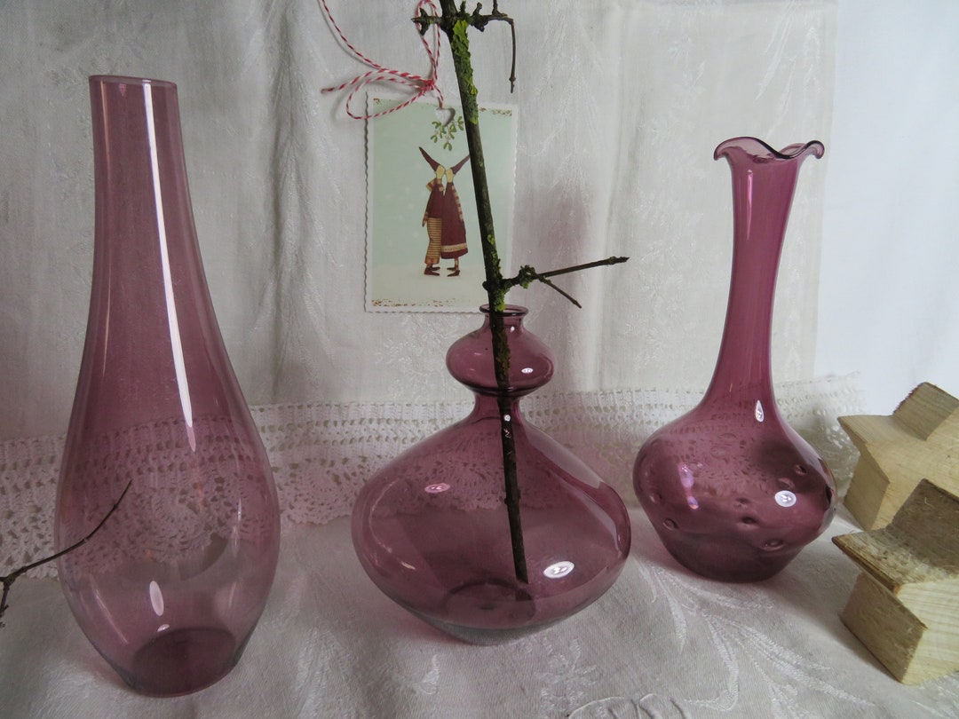 Trio Vintage Flower Vases, Set of 3 Amethyst Glass Vases, Delicate